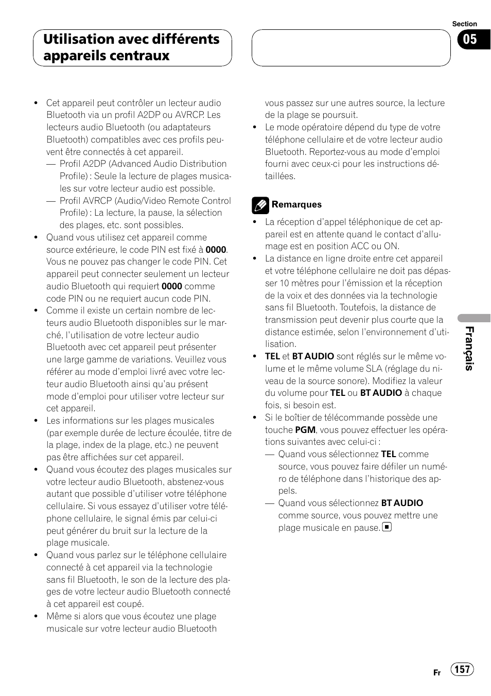 Utilisation avec différents appareils centraux | Pioneer CD-BTB100 User Manual | Page 157 / 175