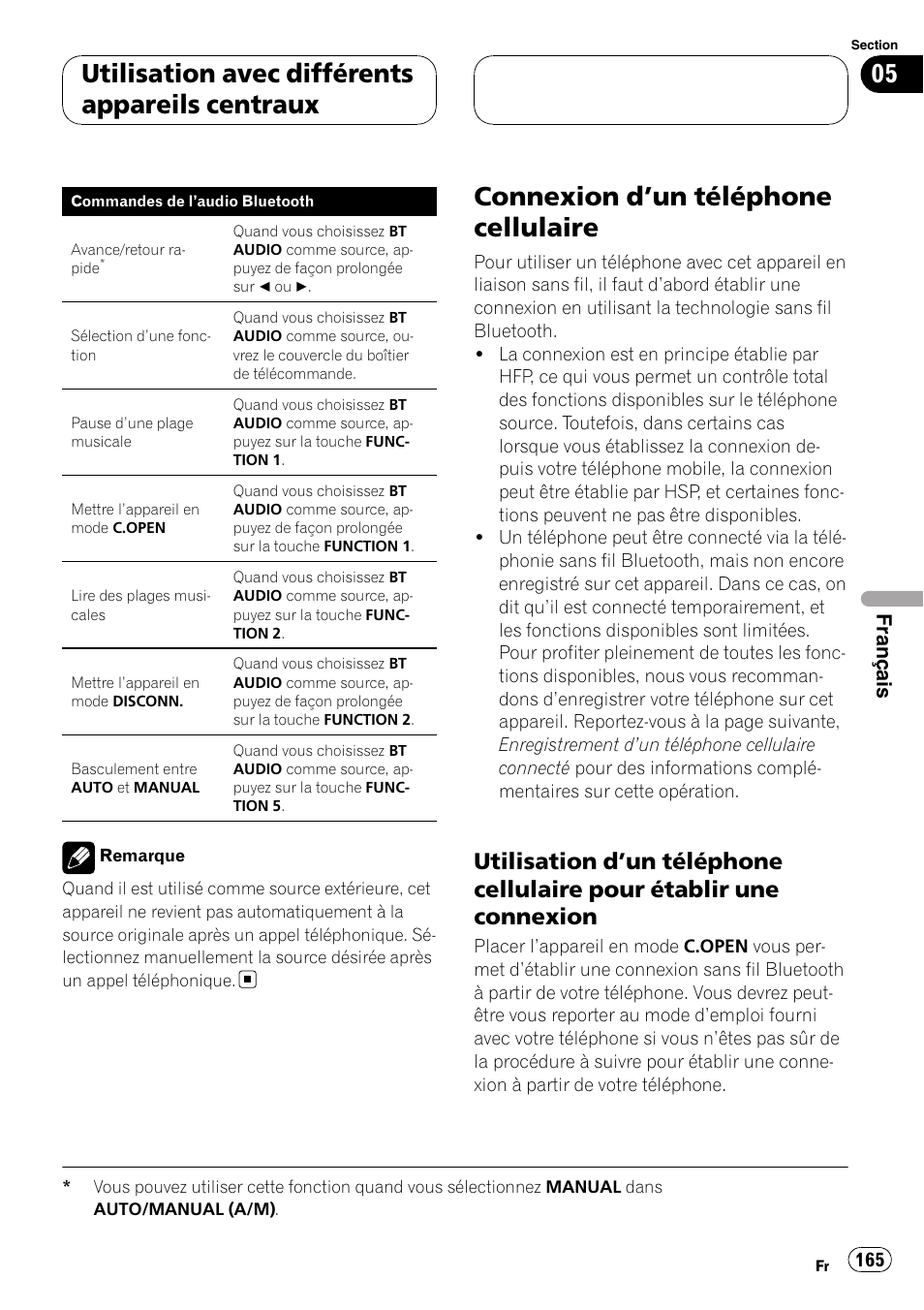 Connexion d, Un téléphone cellulaire 165, Utilisation d’un téléphone cellulaire | Pour établir une connexion, Connexion d ’un téléphone cellulaire, Utilisation avec différents appareils centraux, Français | Pioneer CD-BTB100 User Manual | Page 165 / 175