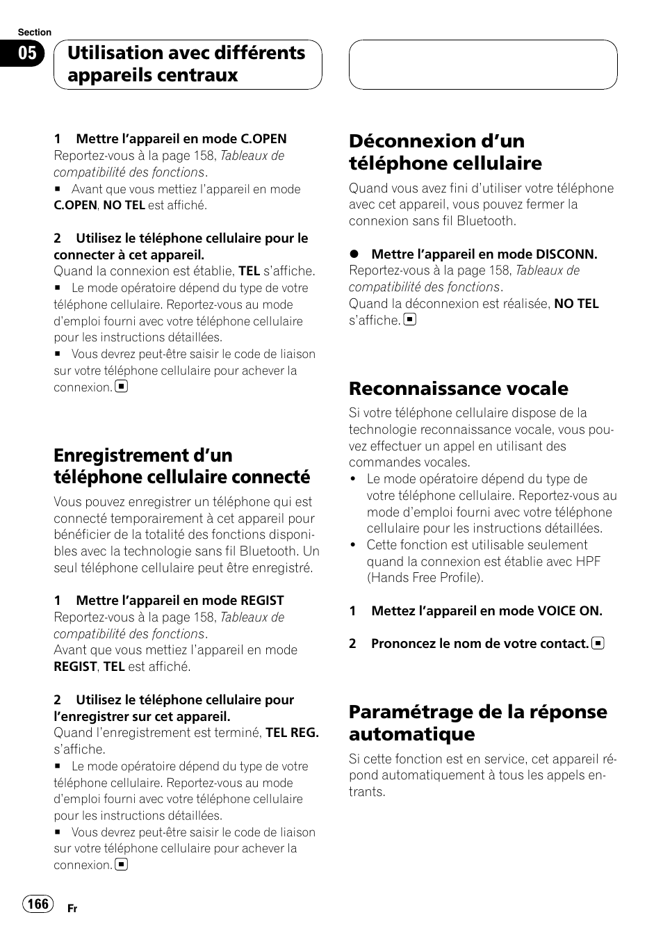 Enregistrement d, Un téléphone cellulaire, Connecté | Déconnexion d, Un téléphone cellulaire 166, Reconnaissance vocale, Paramétrage de la réponse, Automatique, Enregistrement d ’un téléphone cellulaire connecté, Déconnexion d ’un téléphone cellulaire | Pioneer CD-BTB100 User Manual | Page 166 / 175