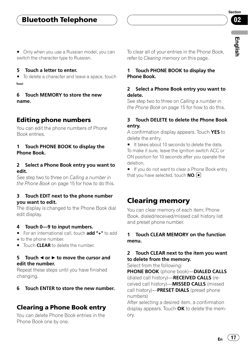 Editing phone numbers 17, Clearing a phone book entry 17, Clearing memory | Bluetooth telephone, Editing phone numbers, Clearing a phone book entry | Pioneer CD-BTB100 User Manual | Page 17 / 175