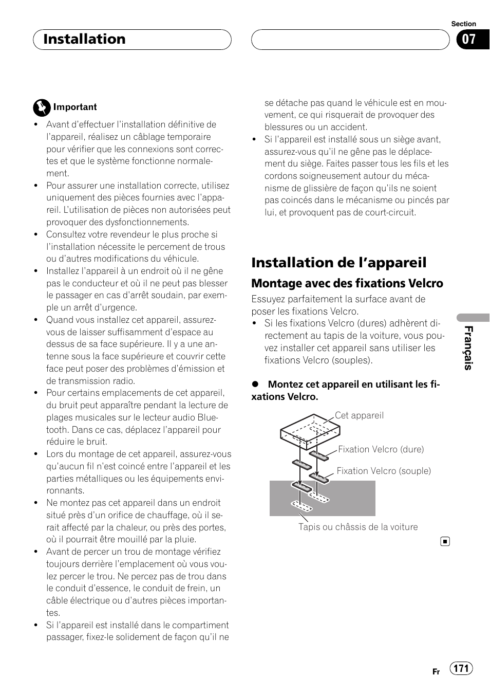 Installation installation de l, Appareil 171, Montage avec des fixations | Velcro, Installation de l ’appareil, Installation, Montage avec des fixations velcro | Pioneer CD-BTB100 User Manual | Page 171 / 175