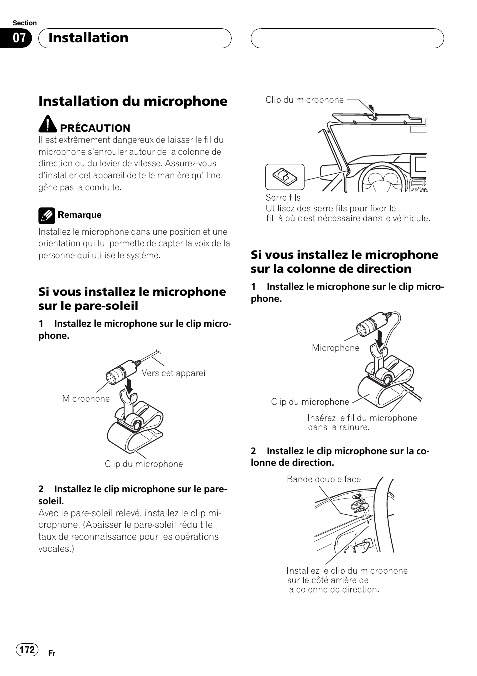 Installation du microphone, Si vous installez le microphone sur le, Pare-soleil | Si vous installez le microphone sur la, Colonne de direction, Installation | Pioneer CD-BTB100 User Manual | Page 172 / 175