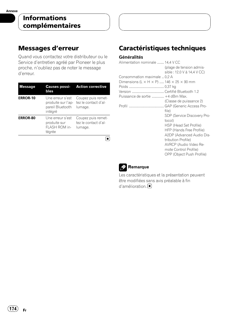 Informations complémentaires messages d, Erreur 174, Caractéristiques techniques | Messages d ’erreur, Informations complémentaires | Pioneer CD-BTB100 User Manual | Page 174 / 175