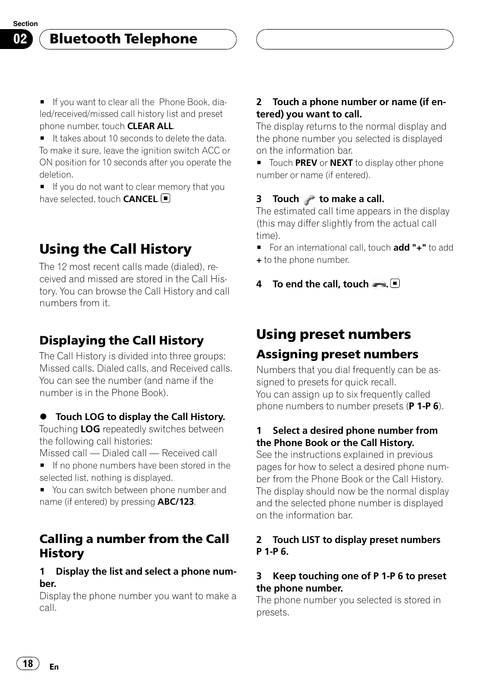 Using the call history, Displaying the call history 18, Calling a number from the call | History, Using preset numbers, Assigning preset numbers 18, Bluetooth telephone | Pioneer CD-BTB100 User Manual | Page 18 / 175
