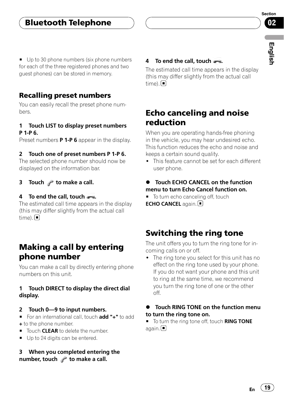Recalling preset numbers 19, Making a call by entering phone number, Echo canceling and noise reduction | Switching the ring tone, Bluetooth telephone | Pioneer CD-BTB100 User Manual | Page 19 / 175