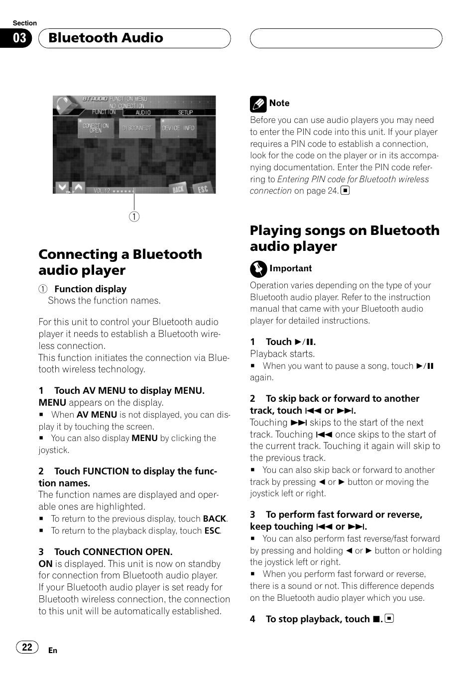 Connecting a bluetooth audio player, Playing songs on bluetooth audio player, Bluetooth audio | Pioneer CD-BTB100 User Manual | Page 22 / 175