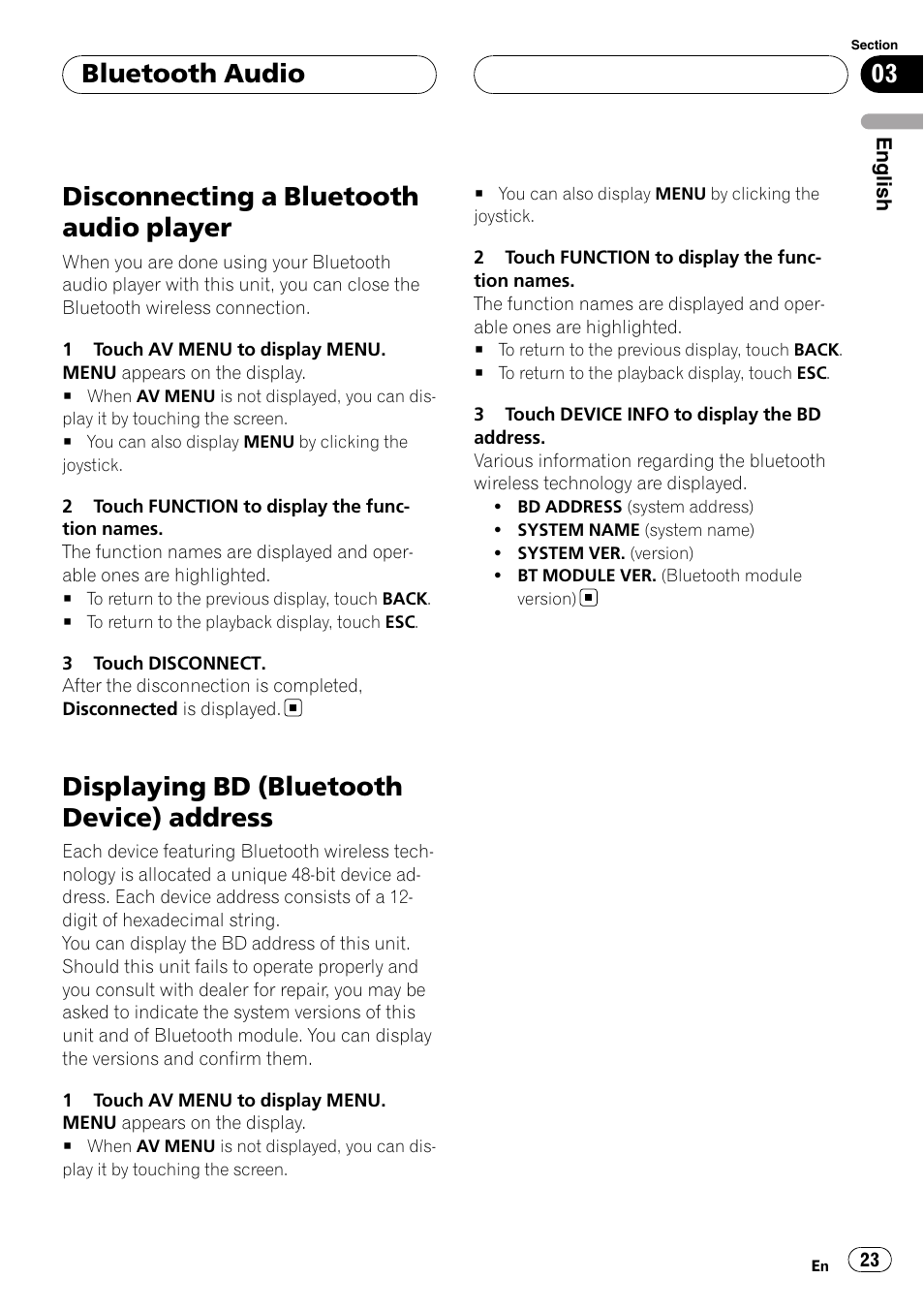 Disconnecting a bluetooth audio player, Displaying bd (bluetooth device), Address | Displaying bd (bluetooth device) address, Bluetooth audio | Pioneer CD-BTB100 User Manual | Page 23 / 175