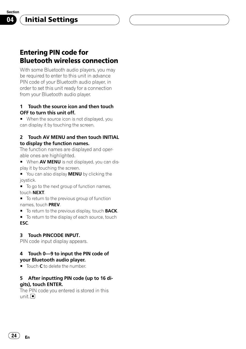 Connection, Initial settings | Pioneer CD-BTB100 User Manual | Page 24 / 175