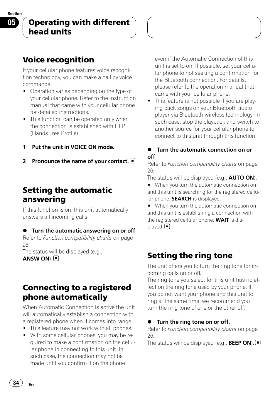 Voice recognition, Setting the automatic answering, Connecting to a registered phone | Automatically, Setting the ring tone, Connecting to a registered phone automatically, Operating with different head units | Pioneer CD-BTB100 User Manual | Page 34 / 175