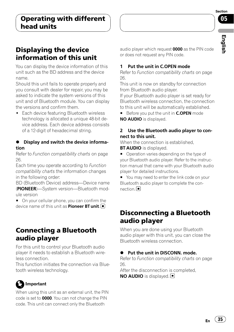 Displaying the device information of this, Unit, Connecting a bluetooth audio player | Disconnecting a bluetooth audio player, Displaying the device information of this unit, Operating with different head units | Pioneer CD-BTB100 User Manual | Page 35 / 175