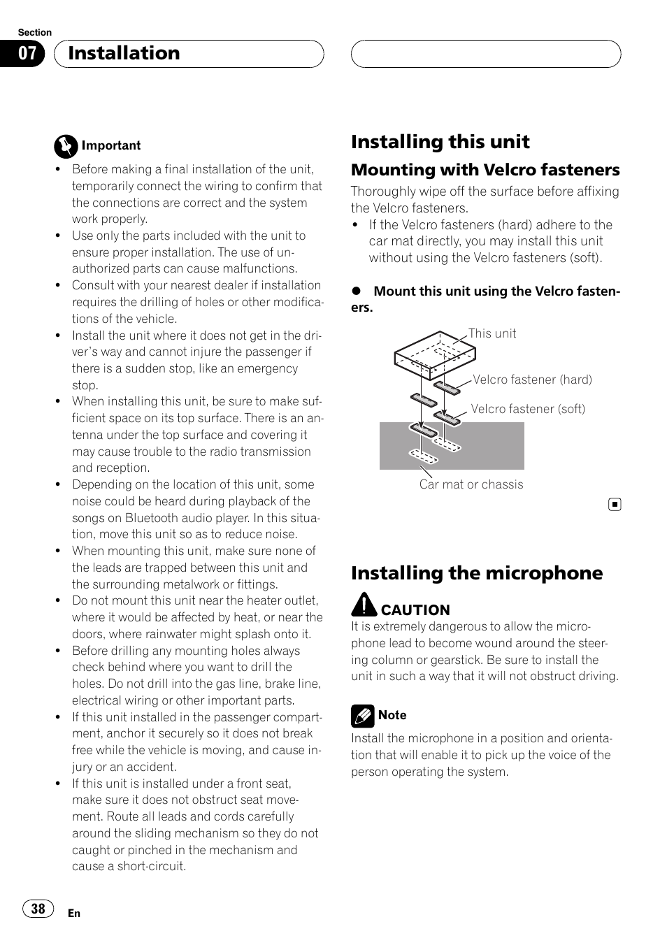 Installation installing this unit, Mounting with velcro fasteners 38, Installing the microphone | Installing this unit, Installation, Mounting with velcro fasteners | Pioneer CD-BTB100 User Manual | Page 38 / 175