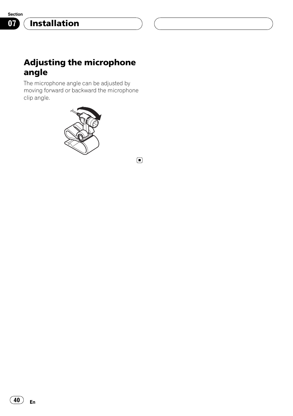 Adjusting the microphone angle, Installation | Pioneer CD-BTB100 User Manual | Page 40 / 175
