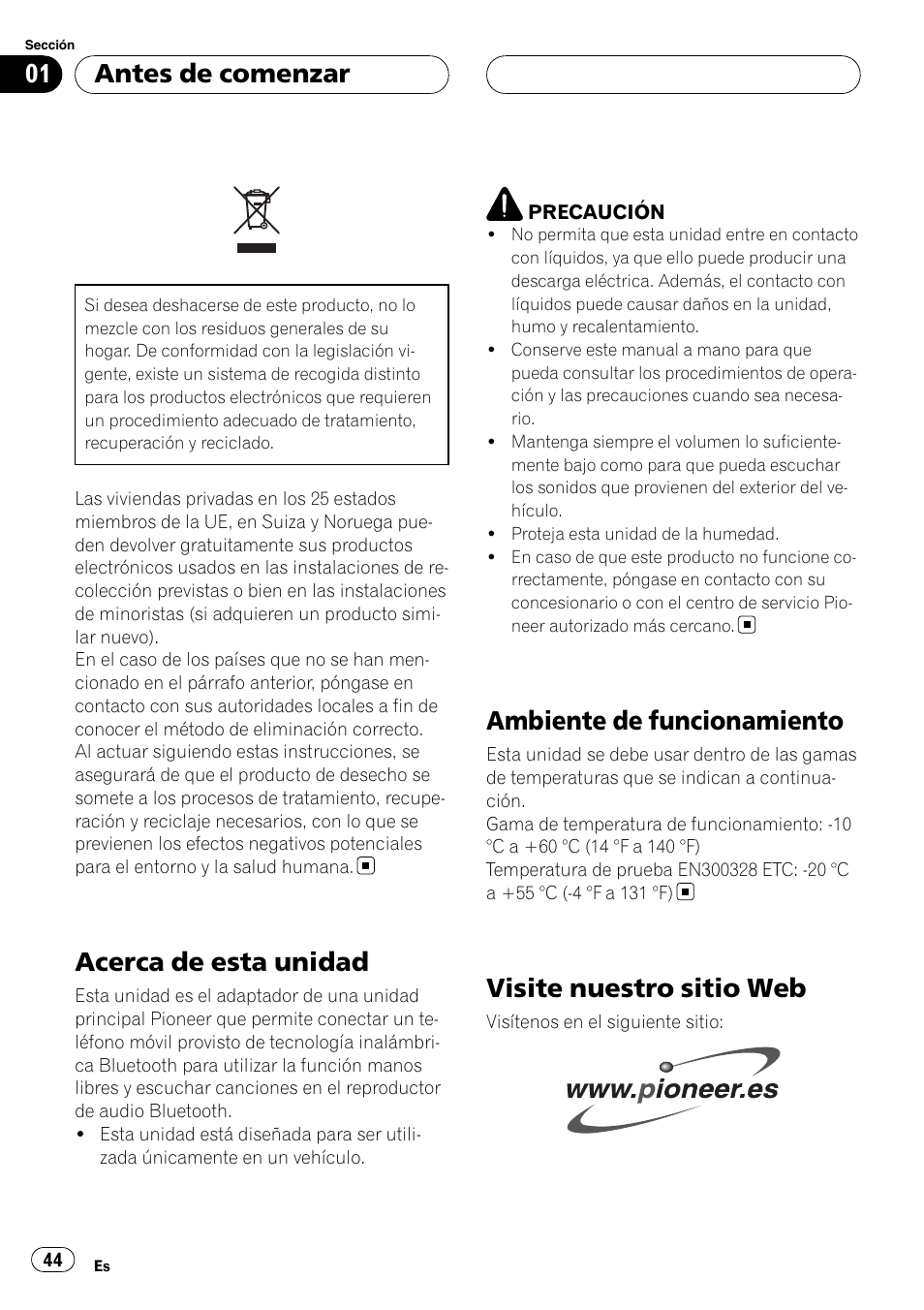 Antes de comenzar, Acerca de esta unidad, Ambiente de funcionamiento | Visite nuestro sitio web | Pioneer CD-BTB100 User Manual | Page 44 / 175