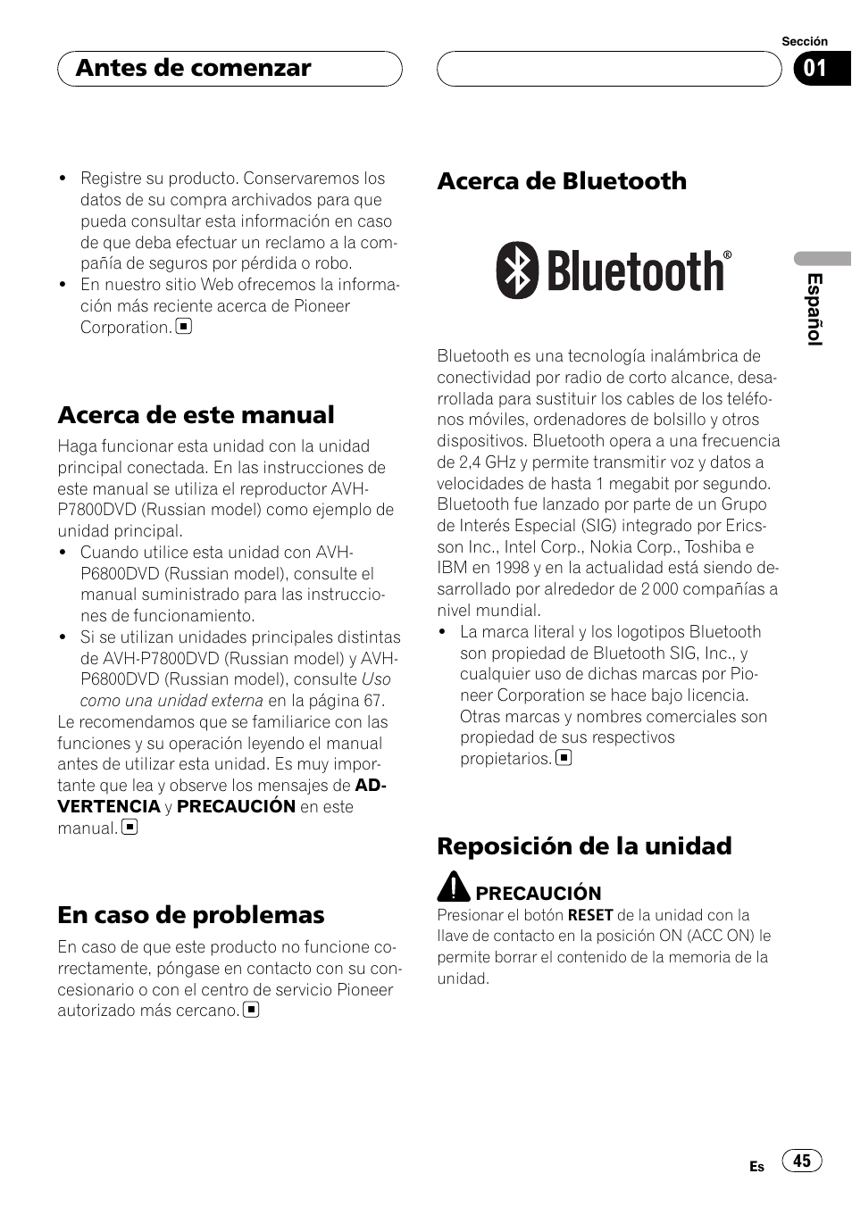 Acerca de este manual, En caso de problemas, Acerca de bluetooth | Reposición de la unidad, Antes de comenzar | Pioneer CD-BTB100 User Manual | Page 45 / 175