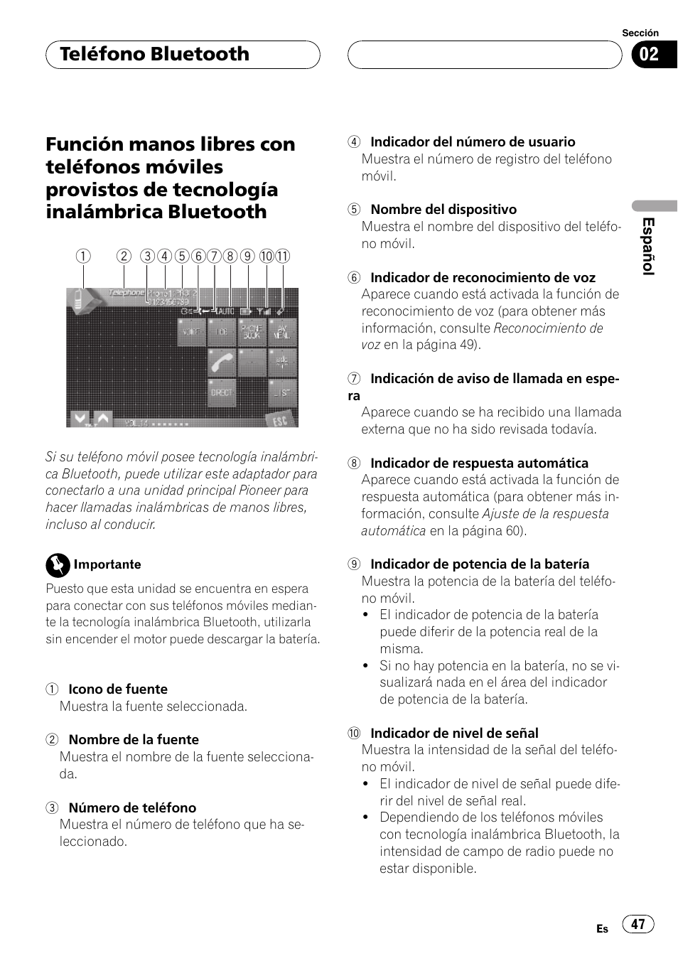 Provistos de tecnología inalámbrica bluetooth, Teléfono bluetooth | Pioneer CD-BTB100 User Manual | Page 47 / 175