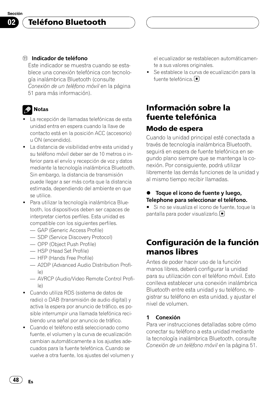 Información sobre la fuente telefónica, Modo de espera 48, Configuración de la función manos | Libres, Configuración de la función manos libres, Teléfono bluetooth, Modo de espera | Pioneer CD-BTB100 User Manual | Page 48 / 175