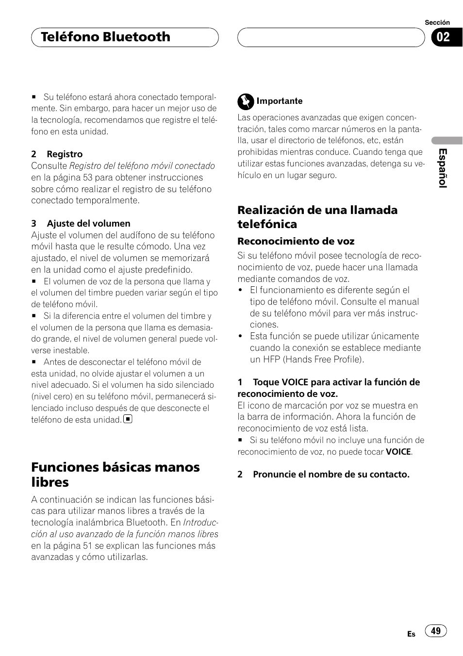 Funciones básicas manos libres, Realización de una llamada, Telefónica | Teléfono bluetooth, Realización de una llamada telefónica | Pioneer CD-BTB100 User Manual | Page 49 / 175