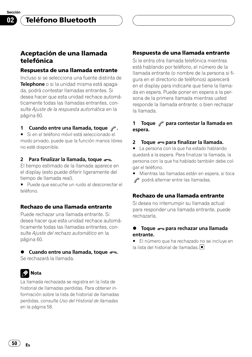 Aceptación de una llamada, Telefónica, Teléfono bluetooth | Aceptación de una llamada telefónica | Pioneer CD-BTB100 User Manual | Page 50 / 175