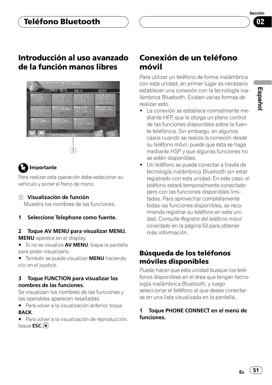 Introducción al uso avanzado de la función, Manos libres, Conexión de un teléfono móvil | Búsqueda de los teléfonos móviles, Disponibles, Teléfono bluetooth | Pioneer CD-BTB100 User Manual | Page 51 / 175