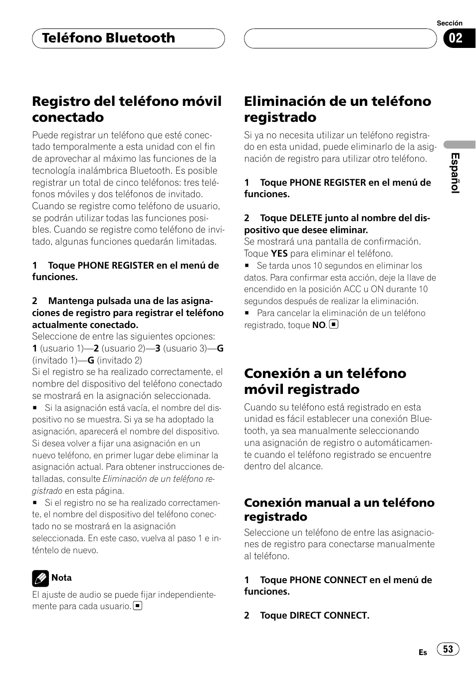 Registro del teléfono móvil conectado, Eliminación de un teléfono registrado, Conexión a un teléfono móvil registrado | Conexión manual a un teléfono, Registrado, Teléfono bluetooth | Pioneer CD-BTB100 User Manual | Page 53 / 175