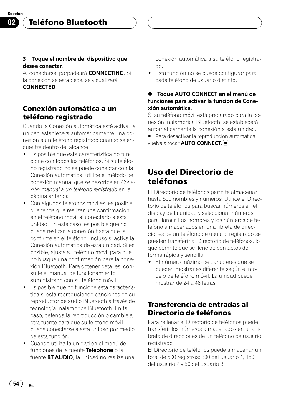 Conexión automática a un teléfono, Registrado, Uso del directorio de teléfonos | Transferencia de entradas al directorio, De teléfonos, Teléfono bluetooth | Pioneer CD-BTB100 User Manual | Page 54 / 175