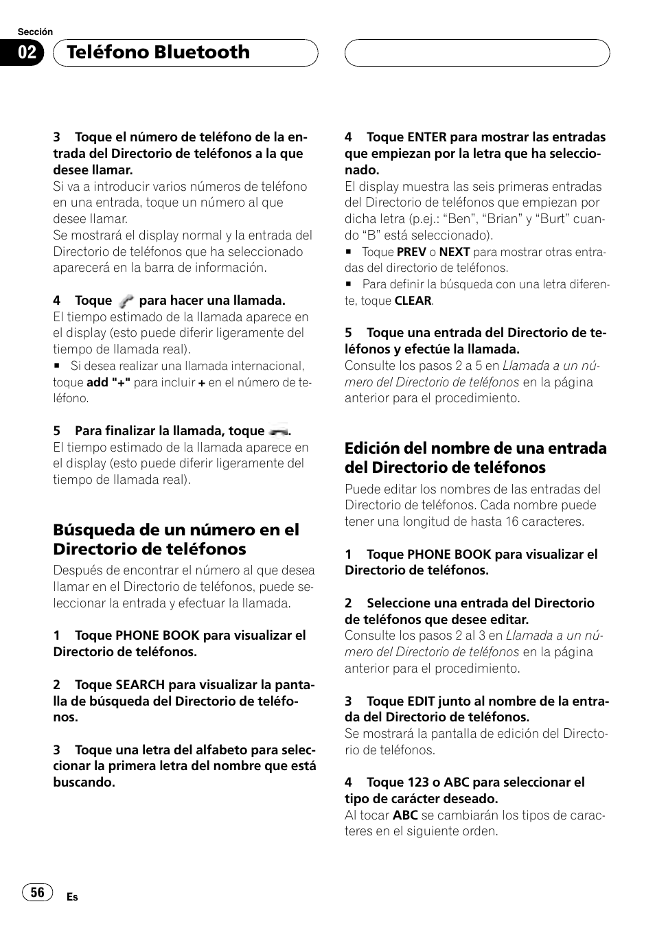 Búsqueda de un número en el, Directorio de teléfonos, Edición del nombre de una entrada del | Teléfono bluetooth | Pioneer CD-BTB100 User Manual | Page 56 / 175