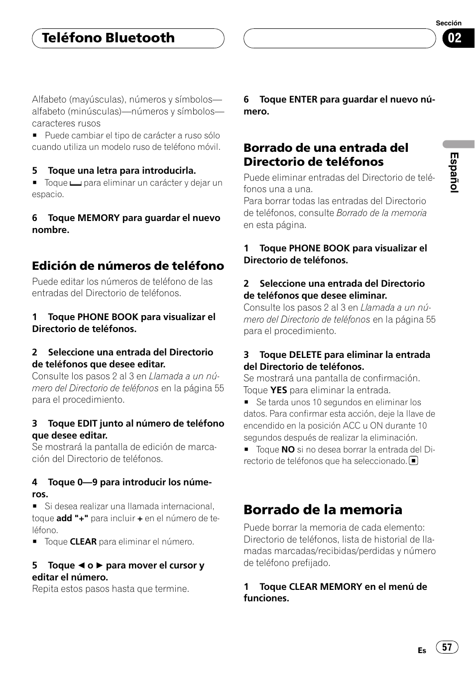 Edición de números de teléfono 57, Borrado de una entrada del directorio, De teléfonos | Borrado de la memoria, Teléfono bluetooth, Edición de números de teléfono, Borrado de una entrada del directorio de teléfonos | Pioneer CD-BTB100 User Manual | Page 57 / 175