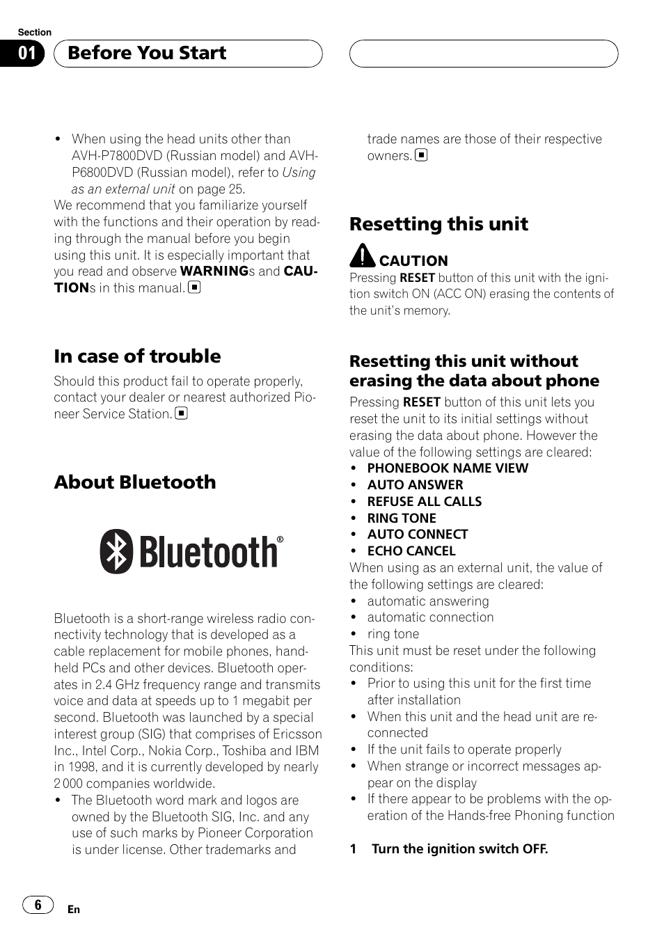 In case of trouble, About bluetooth, Resetting this unit | Resetting this unit without erasing the, Data about phone, Before you start | Pioneer CD-BTB100 User Manual | Page 6 / 175