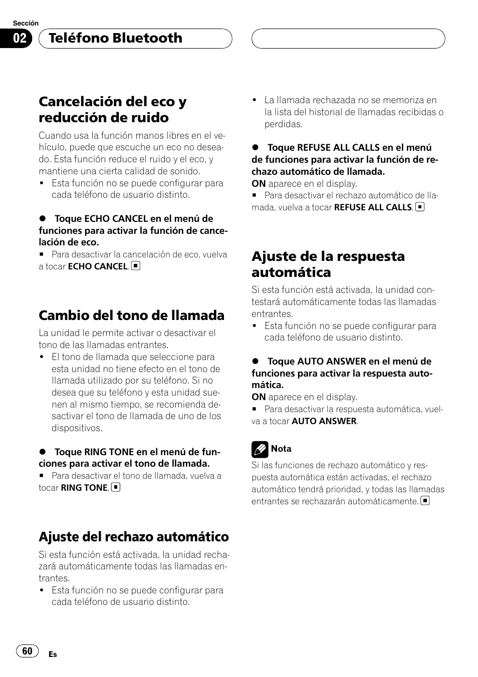 Cancelación del eco y reducción de, Ruido, Cambio del tono de llamada | Ajuste del rechazo automático, Ajuste de la respuesta automática, Cancelación del eco y reducción de ruido, Teléfono bluetooth | Pioneer CD-BTB100 User Manual | Page 60 / 175