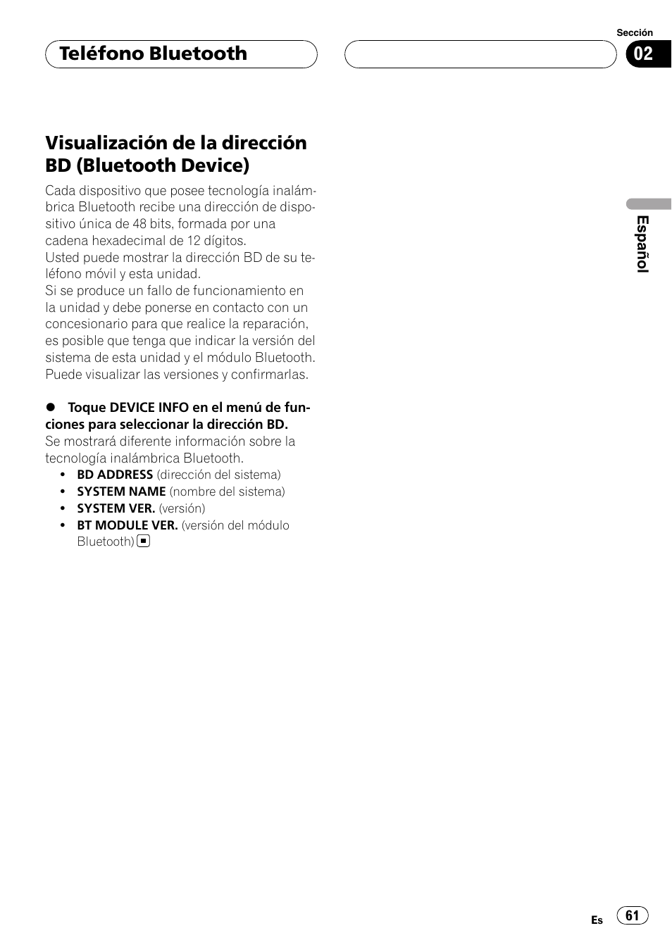 Visualización de la dirección bd (bluetooth, Device), Teléfono bluetooth | Pioneer CD-BTB100 User Manual | Page 61 / 175