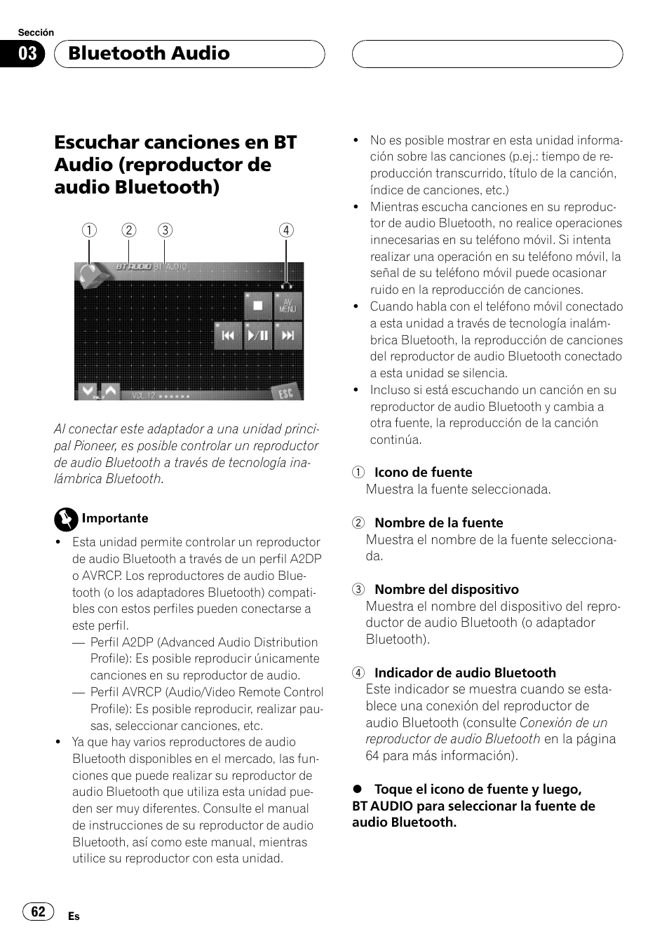 Bluetooth audio escuchar canciones en bt audio, Reproductor de audio bluetooth), Bluetooth audio | Pioneer CD-BTB100 User Manual | Page 62 / 175