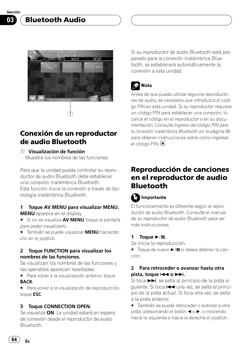 Conexión de un reproductor de audio, Bluetooth, Reproducción de canciones en el | Reproductor de audio bluetooth, Conexión de un reproductor de audio bluetooth, Bluetooth audio | Pioneer CD-BTB100 User Manual | Page 64 / 175