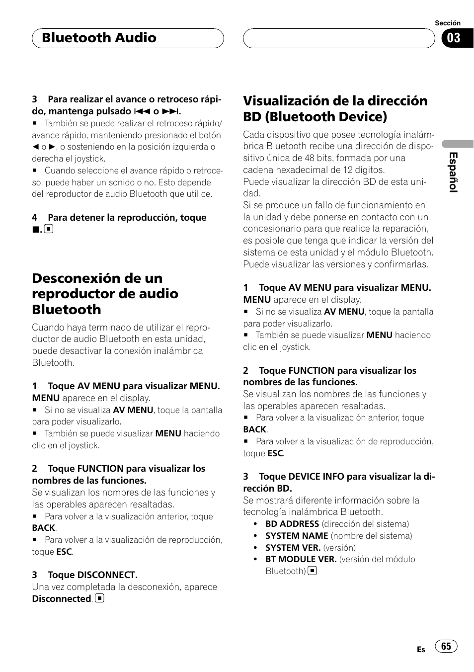 Desconexión de un reproductor de audio, Bluetooth, Visualización de la dirección bd (bluetooth | Device), Desconexión de un reproductor de audio bluetooth, Bluetooth audio | Pioneer CD-BTB100 User Manual | Page 65 / 175