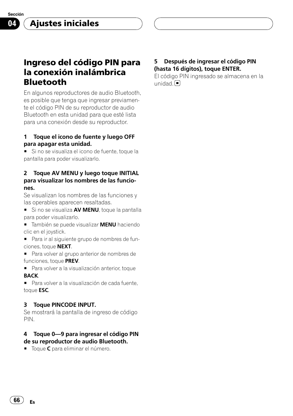Inalámbrica bluetooth, Ajustes iniciales | Pioneer CD-BTB100 User Manual | Page 66 / 175