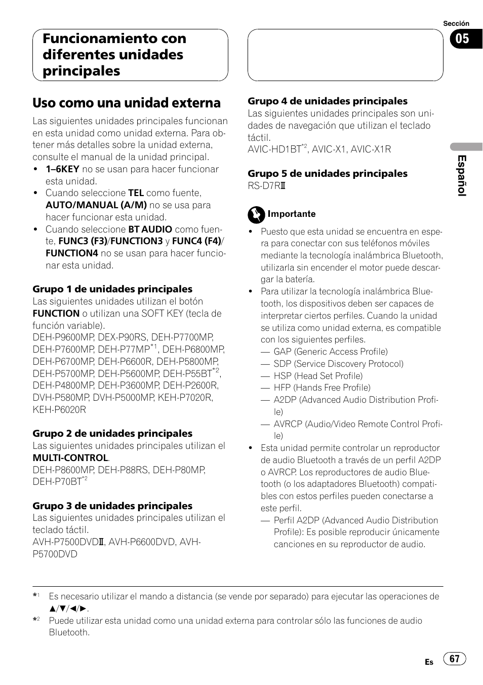 Uso como una unidad externa, Funcionamiento con diferentes unidades principales | Pioneer CD-BTB100 User Manual | Page 67 / 175