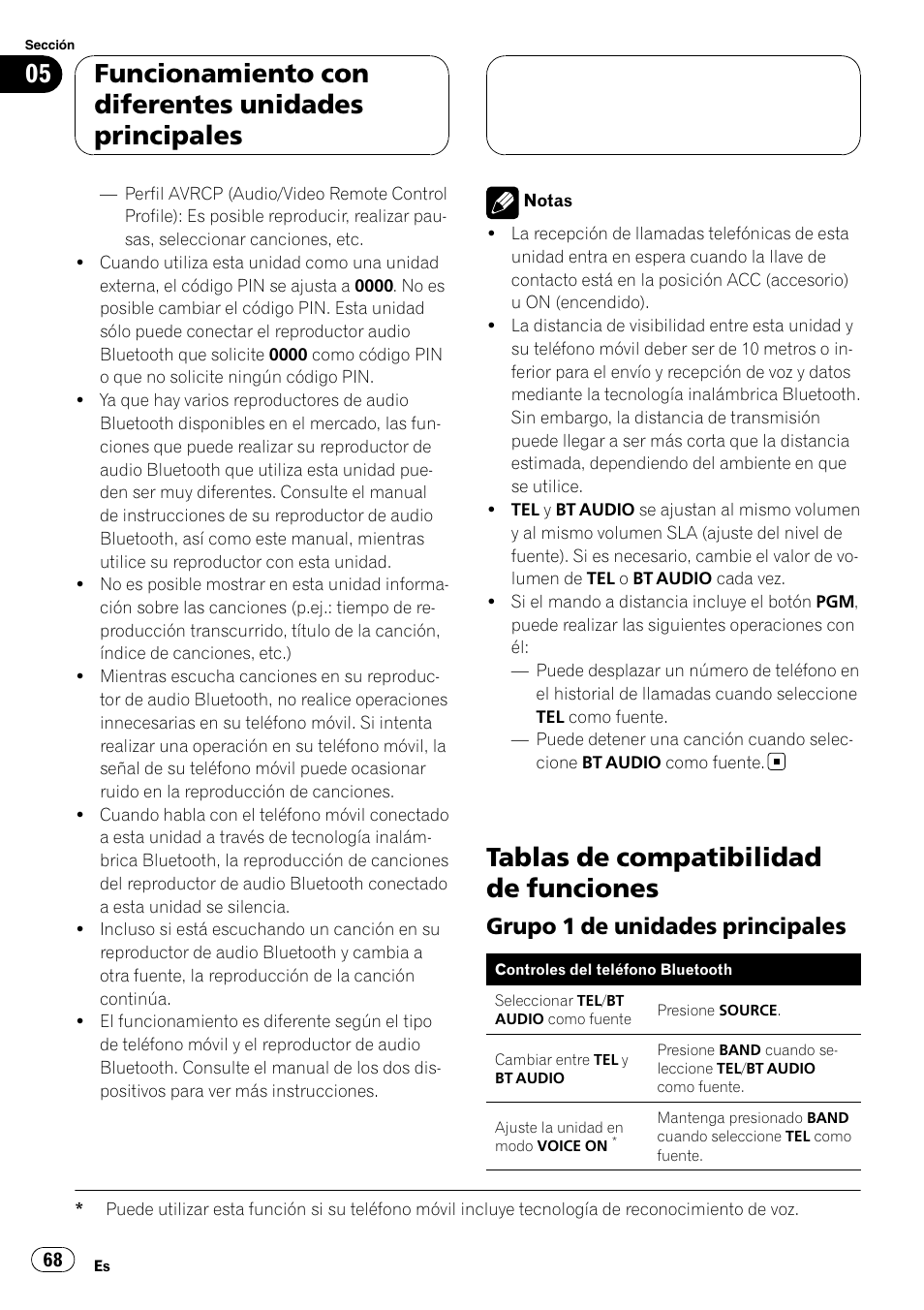 Tablas de compatibilidad de funciones, Grupo 1 de unidades principales 68, Funcionamiento con diferentes unidades principales | Grupo 1 de unidades principales | Pioneer CD-BTB100 User Manual | Page 68 / 175