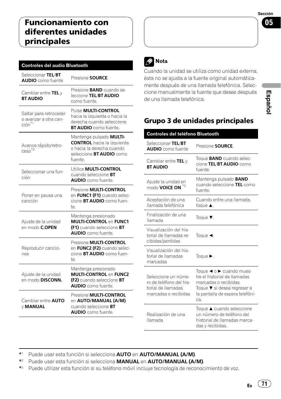 Grupo 3 de unidades principales 71, Funcionamiento con diferentes unidades principales, Grupo 3 de unidades principales | Español | Pioneer CD-BTB100 User Manual | Page 71 / 175