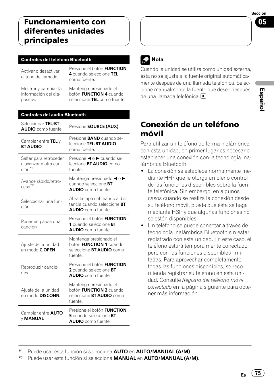 Conexión de un teléfono móvil, Funcionamiento con diferentes unidades principales, Español | Pioneer CD-BTB100 User Manual | Page 75 / 175