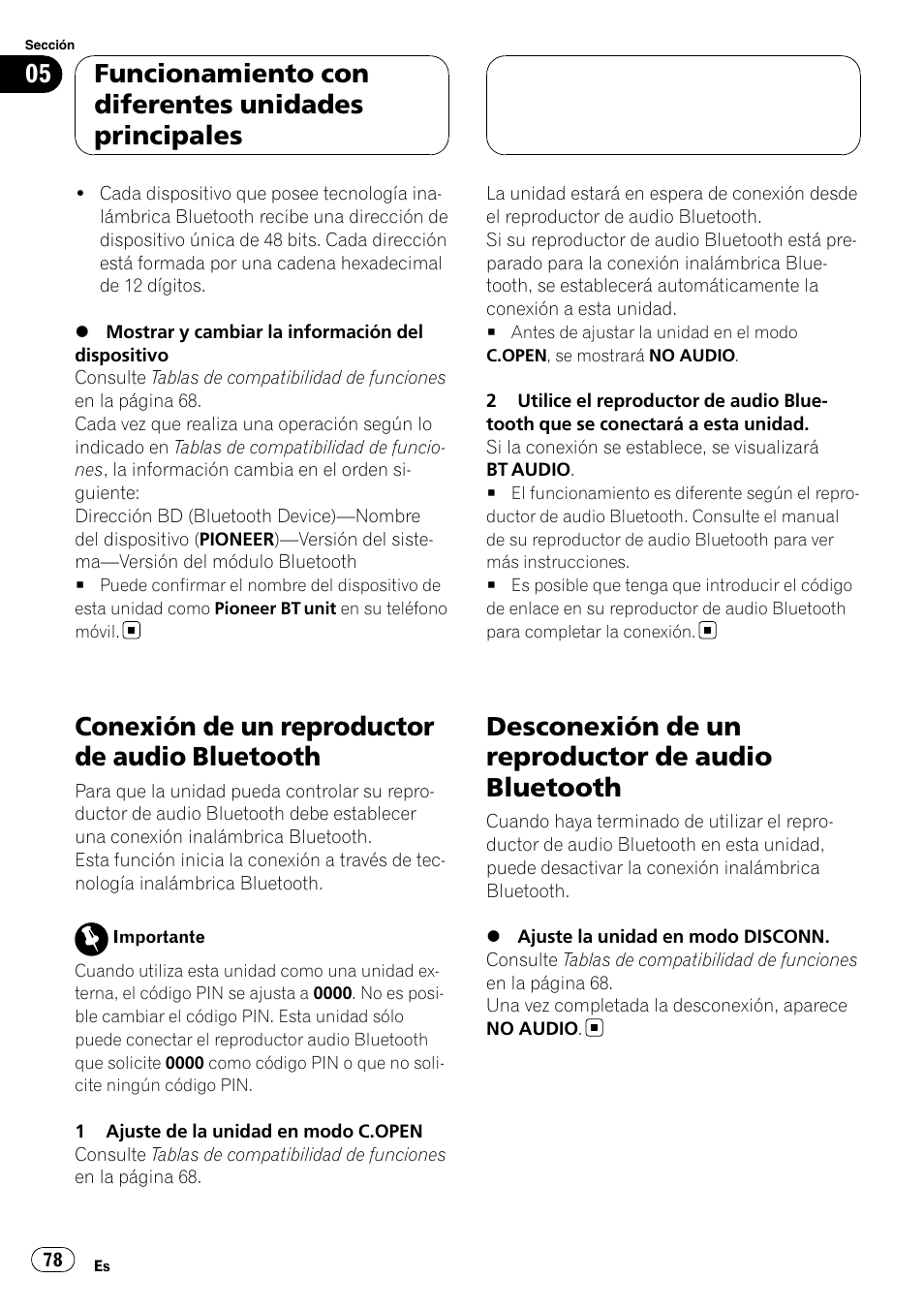 Conexión de un reproductor de audio, Bluetooth, Desconexión de un reproductor de audio | Conexión de un reproductor de audio bluetooth, Desconexión de un reproductor de audio bluetooth, Funcionamiento con diferentes unidades principales | Pioneer CD-BTB100 User Manual | Page 78 / 175