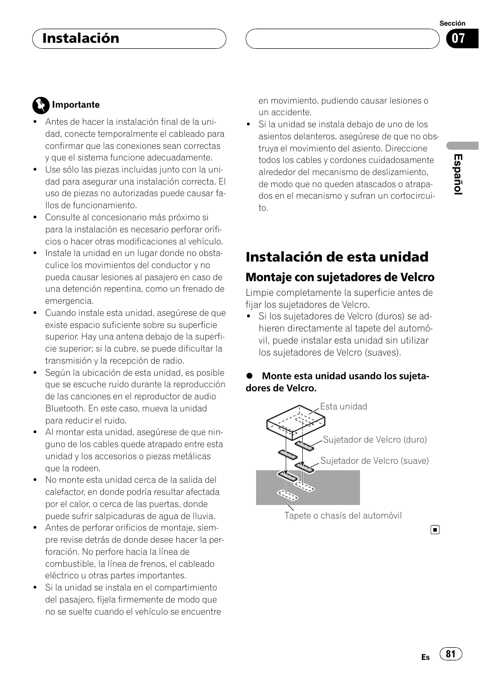 Instalación instalación de esta unidad, Montaje con sujetadores de velcro 81, Instalación de esta unidad | Instalación, Montaje con sujetadores de velcro | Pioneer CD-BTB100 User Manual | Page 81 / 175