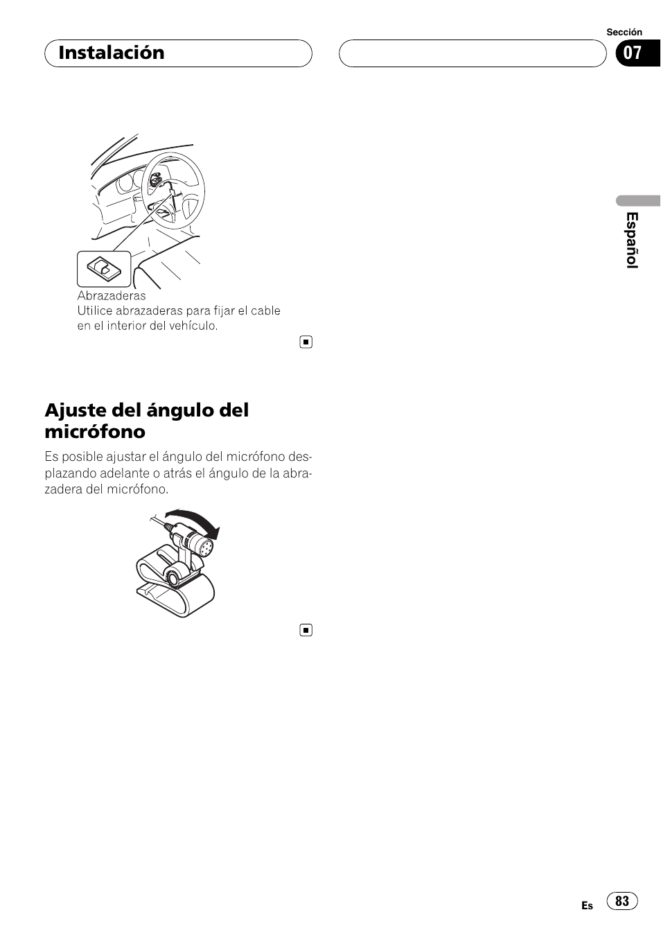 Ajuste del ángulo del micrófono, Instalación | Pioneer CD-BTB100 User Manual | Page 83 / 175