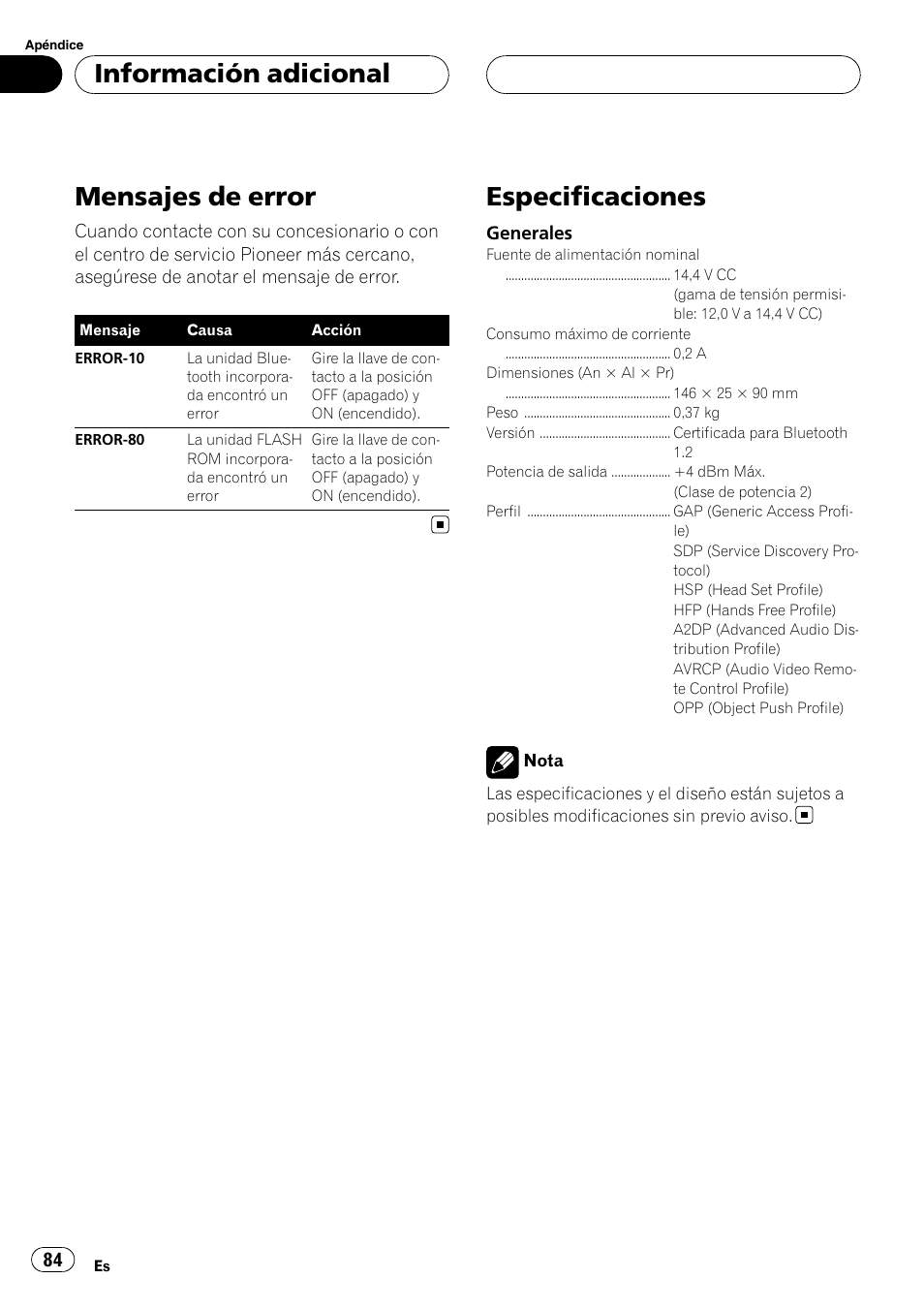 Información adicional mensajes de error, Especificaciones, Mensajes de error | Información adicional | Pioneer CD-BTB100 User Manual | Page 84 / 175