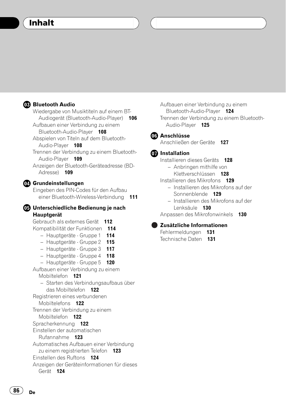 Inhalt | Pioneer CD-BTB100 User Manual | Page 86 / 175