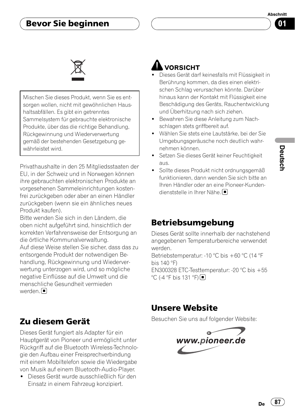 Bevor sie beginnen, Zu diesem gerät, Betriebsumgebung | Unsere website | Pioneer CD-BTB100 User Manual | Page 87 / 175