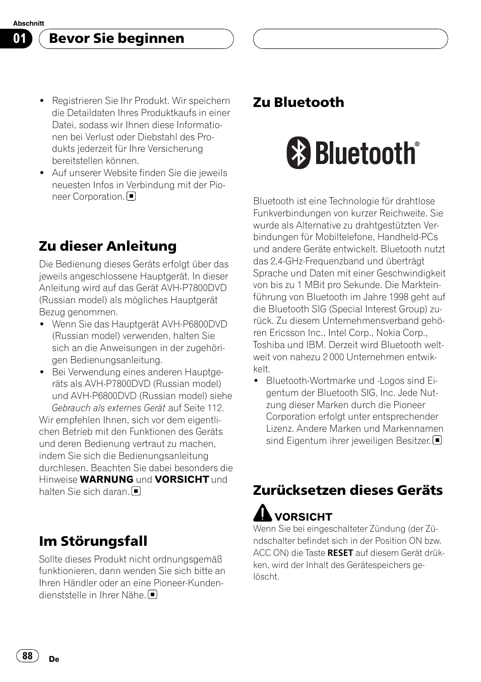 Zu dieser anleitung, Im störungsfall, Zu bluetooth | Zurücksetzen dieses geräts, Bevor sie beginnen | Pioneer CD-BTB100 User Manual | Page 88 / 175