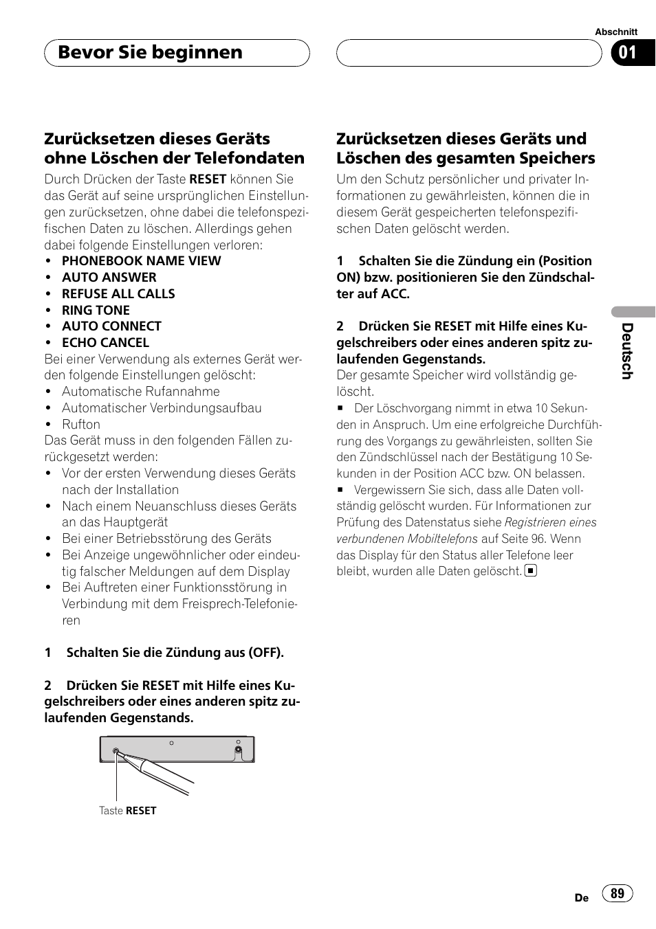 Zurücksetzen dieses geräts ohne, Löschen der telefondaten, Zurücksetzen dieses geräts und | Löschen des gesamten speichers, Bevor sie beginnen | Pioneer CD-BTB100 User Manual | Page 89 / 175