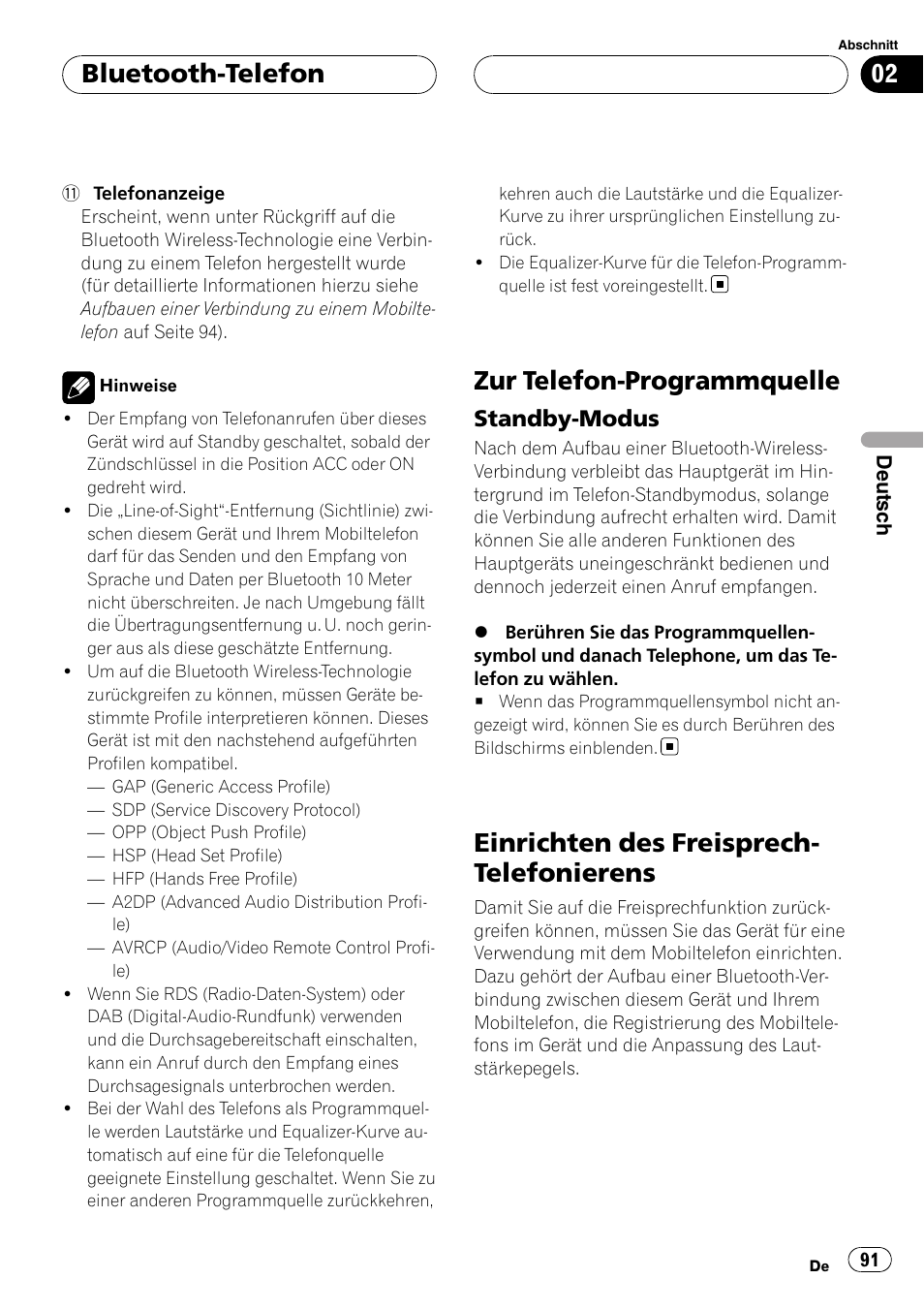 Zur telefon-programmquelle, Standby-modus 91, Einrichten des freisprech-telefonierens | Einrichten des freisprech- telefonierens, Bluetooth-telefon, Standby-modus | Pioneer CD-BTB100 User Manual | Page 91 / 175