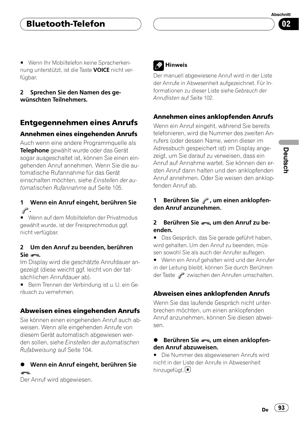 Entgegennehmen eines anrufs 93, Bluetooth-telefon, Entgegennehmen eines anrufs | Pioneer CD-BTB100 User Manual | Page 93 / 175