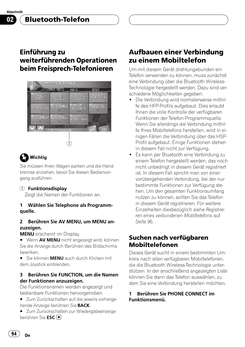 Einführung zu weiterführenden operationen, Beim freisprech-telefonieren, Aufbauen einer verbindung zu einem | Mobiltelefon, Suchen nach verfügbaren, Mobiltelefonen, Aufbauen einer verbindung zu einem mobiltelefon, Bluetooth-telefon | Pioneer CD-BTB100 User Manual | Page 94 / 175