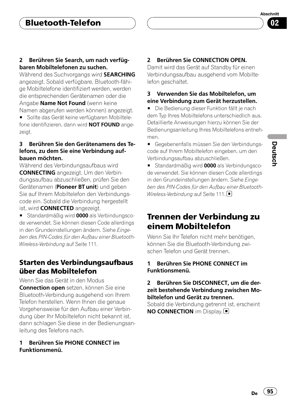 Starten des verbindungsaufbaus über, Das mobiltelefon, Trennen der verbindung zu einem | Mobiltelefon, Trennen der verbindung zu einem mobiltelefon, Bluetooth-telefon | Pioneer CD-BTB100 User Manual | Page 95 / 175